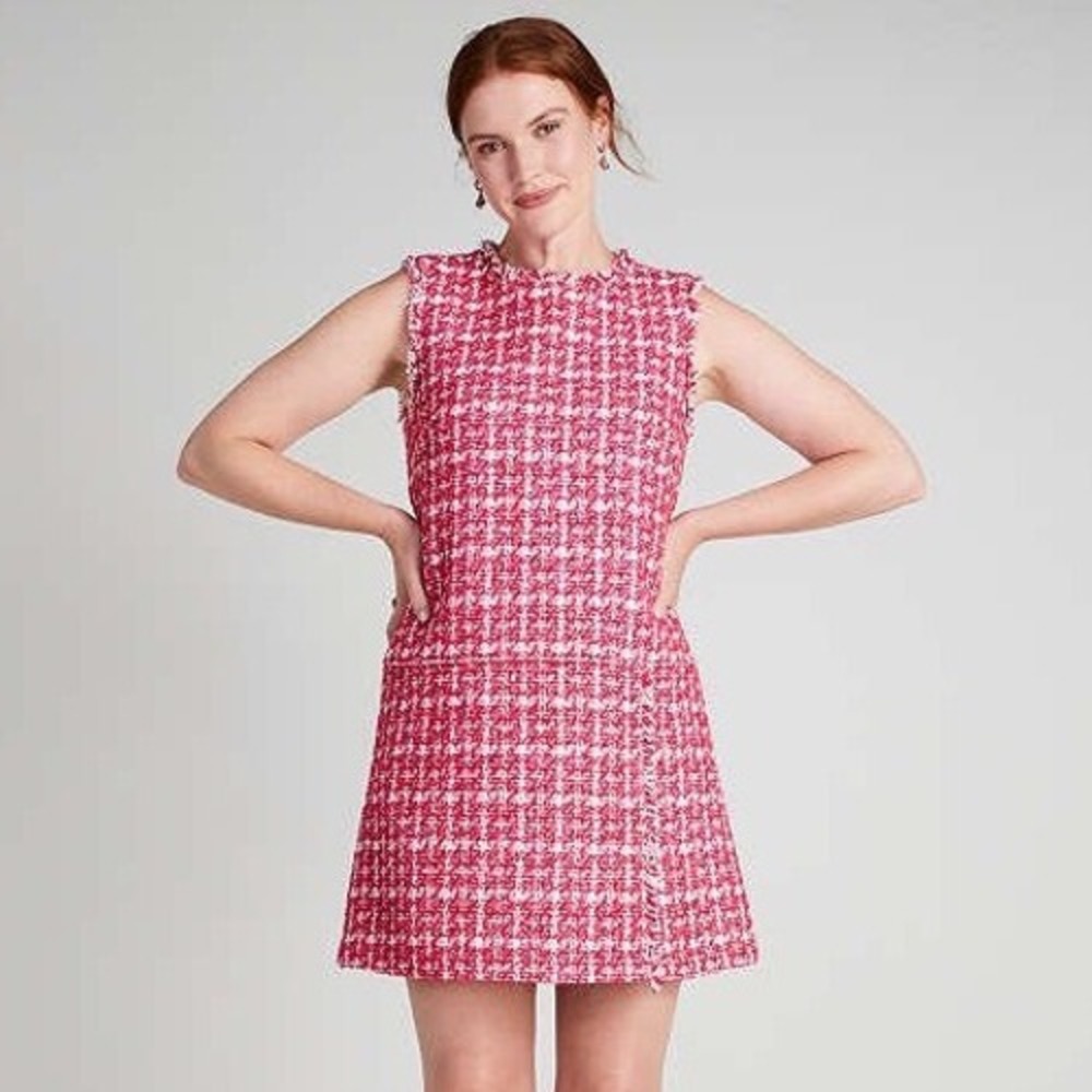 Kate Spade Pink Plaid Sz 12 Tweed Shift Dress Sleeveless Fringe Trim K9710 NEW